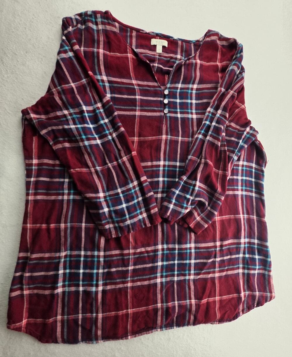 Talbots Red Plaid V Neck Long Sleeve Blouse Size Medium